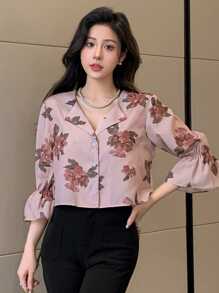 DAZY Women's Floral Printed Ruffle Hem Blouse With Flounce Sleeves,Long Sleeve Tops Fall - Pink - View 6