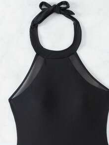 SHEIN Swim Mesh Splice Halter One-Piece Swimsuit - Black - View 6