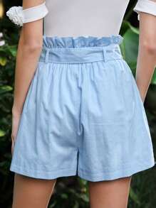 Enchnt Women's Solid Color Paper Bag Waist Shorts - Blue - View 4