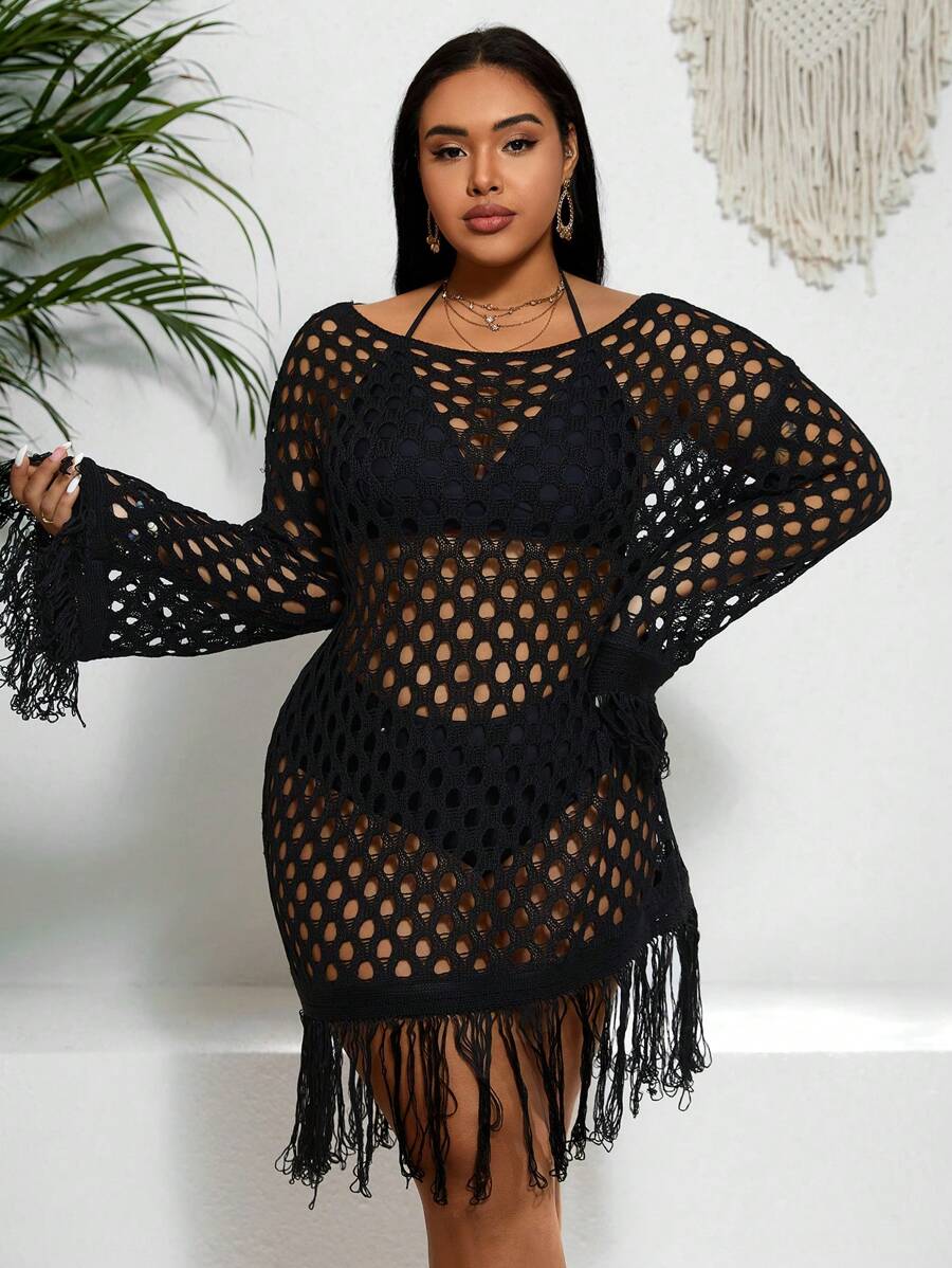 Swim Lushoire Summer Beach 1pc Plus Size Knitted Cover Up Dress With Fringe Decoration And Hollow Out Design - Black - View 1