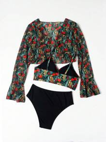 Teen Girl Leopard Print Bikini Set, 3pcs Summer Beach - Black - View 2