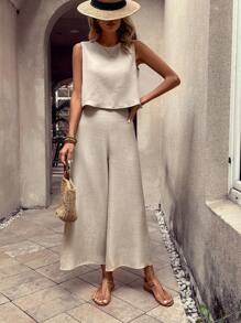 Zayélia Bộ đồ hai mảnh áo vest cổ tròn màu trơn và quần ống rộng cho nữ - Màu be - Xem 6