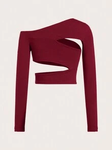 SHEIN ICON Màu thuần Xu hướng: Cắt giảm Áo thun Với Không đối xứng Đường viền cổ áo - Màu Đỏ Sâu - Xem 2