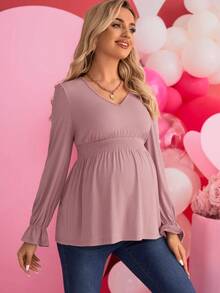 SHEIN 孕婦v領灑蓬袖t恤 - 粉色 - 查看 6