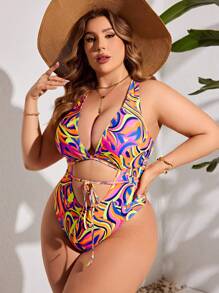 SHEIN Swim Curve 「音譯」加大尺寸印花中空綁帶連身泳衣,狂歡節造型