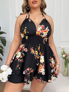 SHEIN Holidaya 大尺碼女士v領黑色底紋花印兩肩帶雙層下擺連身褲 - 彩色 - 查看 6