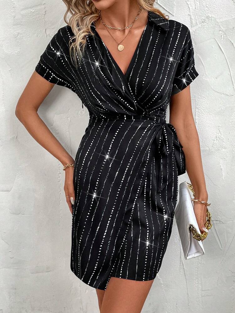 Striped V-Neck Wrap Dress