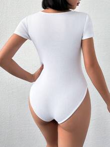 SHEIN PETITE Solid Color Ribbed Square Neck Short Sleeve Bodysuit ,Petite Women - Grey - View 2