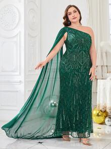 Asymmetric Neck Chiffon Extra Long Caped Sleeve Sequin Formal Dress - Dark Green - View 6