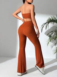 SHEIN PETITE Top bandeau estriado liso y pantalones acampanados - Burdeos - Ver 2