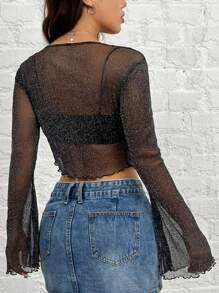 SHEIN EZwear Blusa De Malla Brillante - Negro - Ver 2