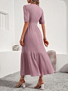 SHEIN Clasi Solid Color Textured Empire Waist Dress With Ruffle Hem - Dusty Pink - View 3