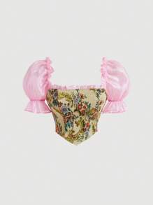 SHEIN MOD 女士拼色泡泡袖花卉提花短款衬衫 - 粉色 - 查看 1