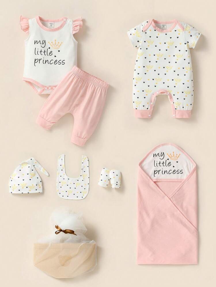 Newborn Baby Girls' Gift Box Set, Cute Princess And Heart Print, Simple And Casual, Comfortable For Daily Wear, Spring And Summer
