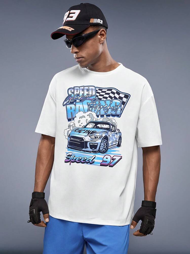 Loose Fit Men's Car & Letter Graphic T-Shirt & Drawstring Waist Shorts Set