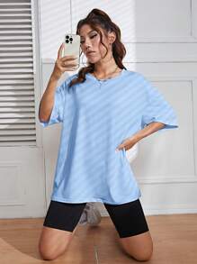 INAWLY Màu thuần Lỏng lẻo phù hợp Áo thun Với Vòng cổ Và Đôi vai - Màu xanh nhạt - Xem 7
