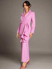 SHEIN BAE 情人節衣服,粉色斜紋專業長寬褲 - 粉色 - 查看 3