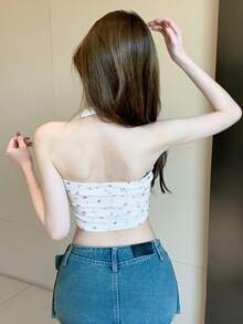 DAZY 全方位花卉印花短款背心,露背頸掛式,修身版型 - 白色 - 查看 2