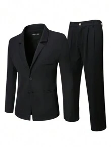 Manfinity Mode Men's Solid Color Band Collar Suit Jacket And Pants Set - Black - View 3