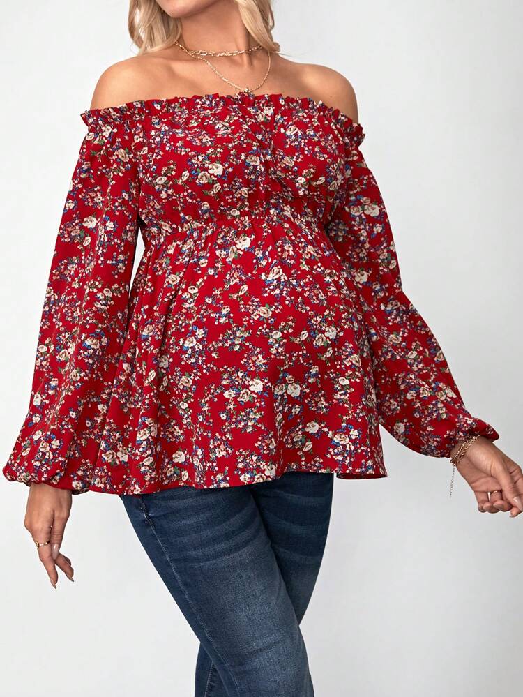 Maternity Off-Shoulder Lantern Sleeve Blouse With Floral Print