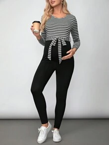 SHEIN Thai sản Sọc Tay áo dài Áo liền quần - Xám - Xem 4