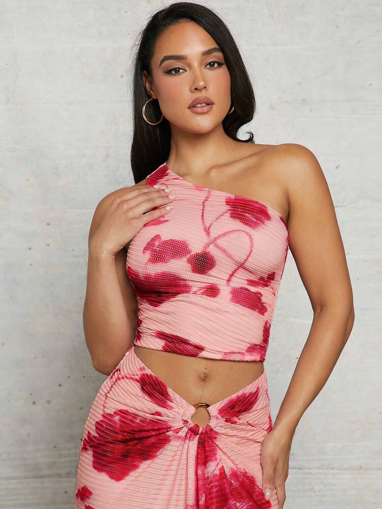 Floral Print One-Shoulder Ruched Spring And Summer Vacation Beach Top
