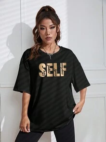 SHEIN EZwear Quý cô Vòng cổ Áo thun Với In thư - màu đen - Xem 6