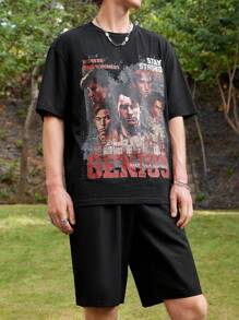 Manfinity VCAY Men's Personalized Knitted Portrait & Letter Pattern Short Sleeve T-Shirt And Woven Shorts 2pcs Suit - Black - View 4