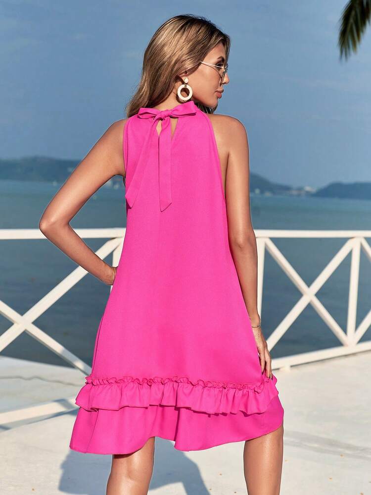 Women's Solid Color Ruffle Edge Halterneck Dress