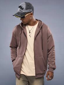 Manfinity VCAY 宽松男士字母图案和翼形落肩抽绳连帽衫，适合秋冬 - 棕色 - 查看 2