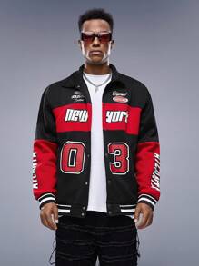 Manfinity LEGND Chaqueta oversize con gráfico de letras y bloques de color para hombres, colorida, de carreras, de manga larga, para salir, de tecnología, regalo para novio, chaqueta roja y negra para hombres, chaqueta universitaria para hombres, chaqueta de ropa urbana para hombres, grunge, otoño - Negro - Ver 6