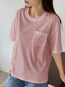 DAZY Women's Beaded Detail Drop Shoulder T-Shirt Summer - Pink - View 3