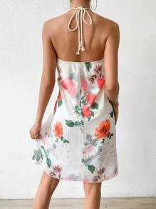 SHEIN LUNE Flower Printed Halter Neck Tie Waist 3d Flower A-Line Dress - Apricot - View 2