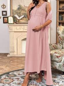 SHEIN Maternity Embroidery Mesh Cardigan And Sleeveless Dress Set - Pink - View 6