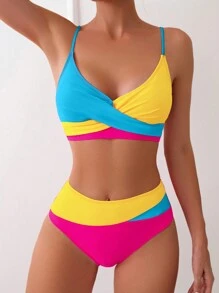 SHEIN Swim Summer Beach Color Block Two Pieces Swimwear Set Carnival