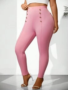 Calvaya Plus High Waist Button Detail Skinny Pants - Pink - View 3