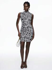 Maija Của phụ nữ Đứng cổ áo Hình học In Váy không tay - Đen và trắng - Xem 1