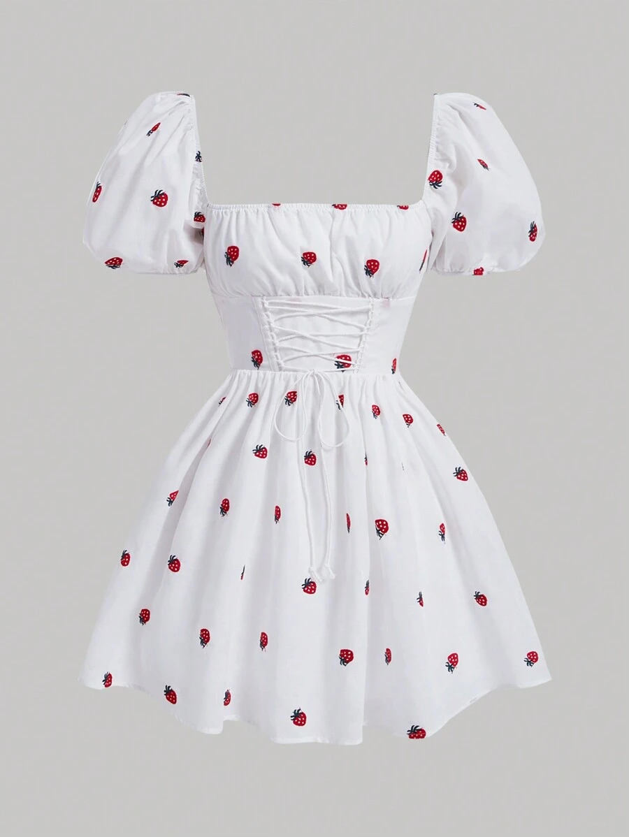 SHEIN MOD Vestido Con Mangas Abullonadas Y Cuello Cuadrado Con Estampado De Fresas - Blanco - Ver 1