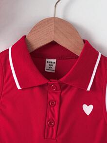 SHEIN Explorewe 年輕女孩大學風心形印花條紋POLO領無袖裙，夏季 - 紅色 - 查看 4