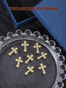 万圣节8件金铜色水钻立体美甲装饰方晶锆石十字架轻奢美甲贴片朋克十字架美甲钻，欧美风格立体美甲闪钻，复古简约万物Y2K金属十字架，哥特风格DIY美甲造型装饰，美甲水钻假指甲装饰配件美甲饰美甲用品美甲宝石 - 金色 - 查看 5