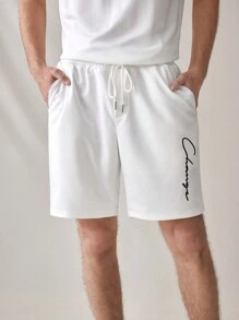 Manfinity RebelGame Men's Letter Print T-shirt And Drawstring Waist Shorts Set - White - View 4