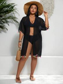 SHEIN Swim Curve Kích thước lớn Của phụ nữ Viền tua Cổ tay áo Kimono Với Vá lại Thiết kế - màu đen - Xem 4
