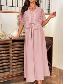 SHEIN Maternity Embroidery Mesh Cardigan And Sleeveless Dress Set - Pink - View 7