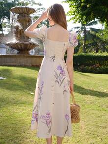 Women's Floral Print Puff Sleeve Split Dress, Square Neck, For Summer Vacation - Beige - View 2