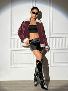 SHEIN Unity 女性毛絨對比色大襟領長袖外套