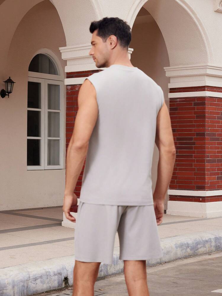 Manfinity Homme Bộ áo ba lỗ và quần đùi thông thường màu trơn dáng rộng cho nam - Xám - Xem 2