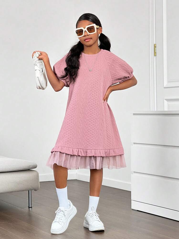Tween Girls' Knitted Round Neck Short Sleeve Dress With Mesh Dress For Wedding Season