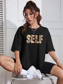 SHEIN EZwear Quý cô Vòng cổ Áo thun Với In thư - màu đen - Xem 4