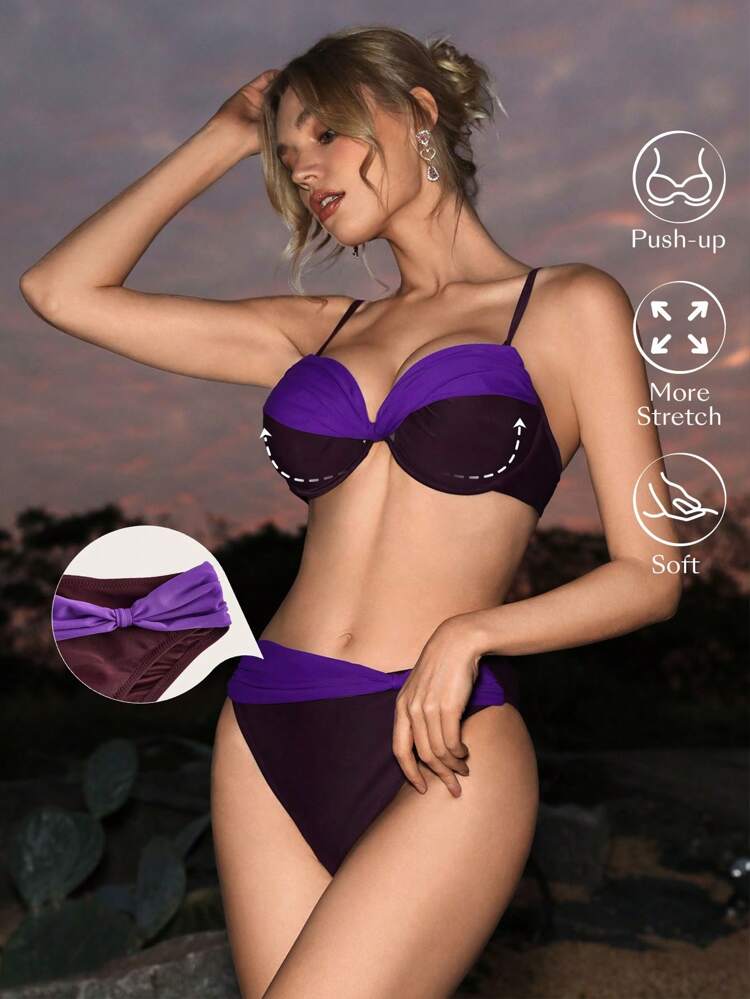 Ladies' Color Block Twisted Knot Bikini Set Summer Beach