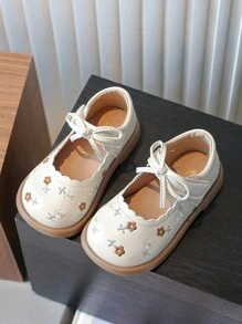 Girls' Princess Shoes 2024 New Spring And Summer Children's Flat Shoes Embroidered Soft Bottom Leather Shoes Bow Knot - Beige - View 1